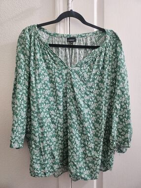 Sonoma White Floral Green V-Neck Peasant Blouse
